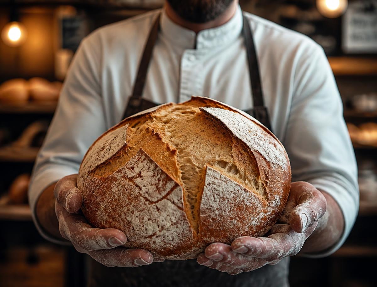 Bäcker hält ein frisch gebackenes Brot in den Händen