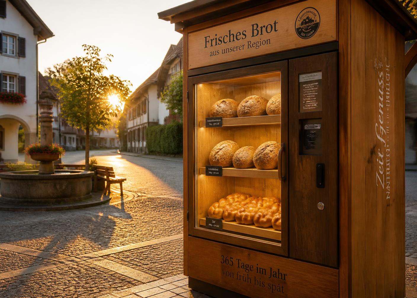 BrotBox aus Holz mit beleuchteten Brotfächern an einem sonnigen Dorfplatz