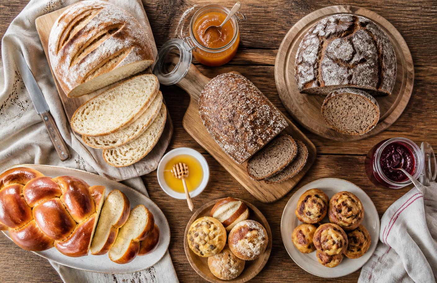 Auswahl an hellem Brot, Ruchbrot, Sauerteigbrot, Zopf, Gebäck, Konfitüre und Honig